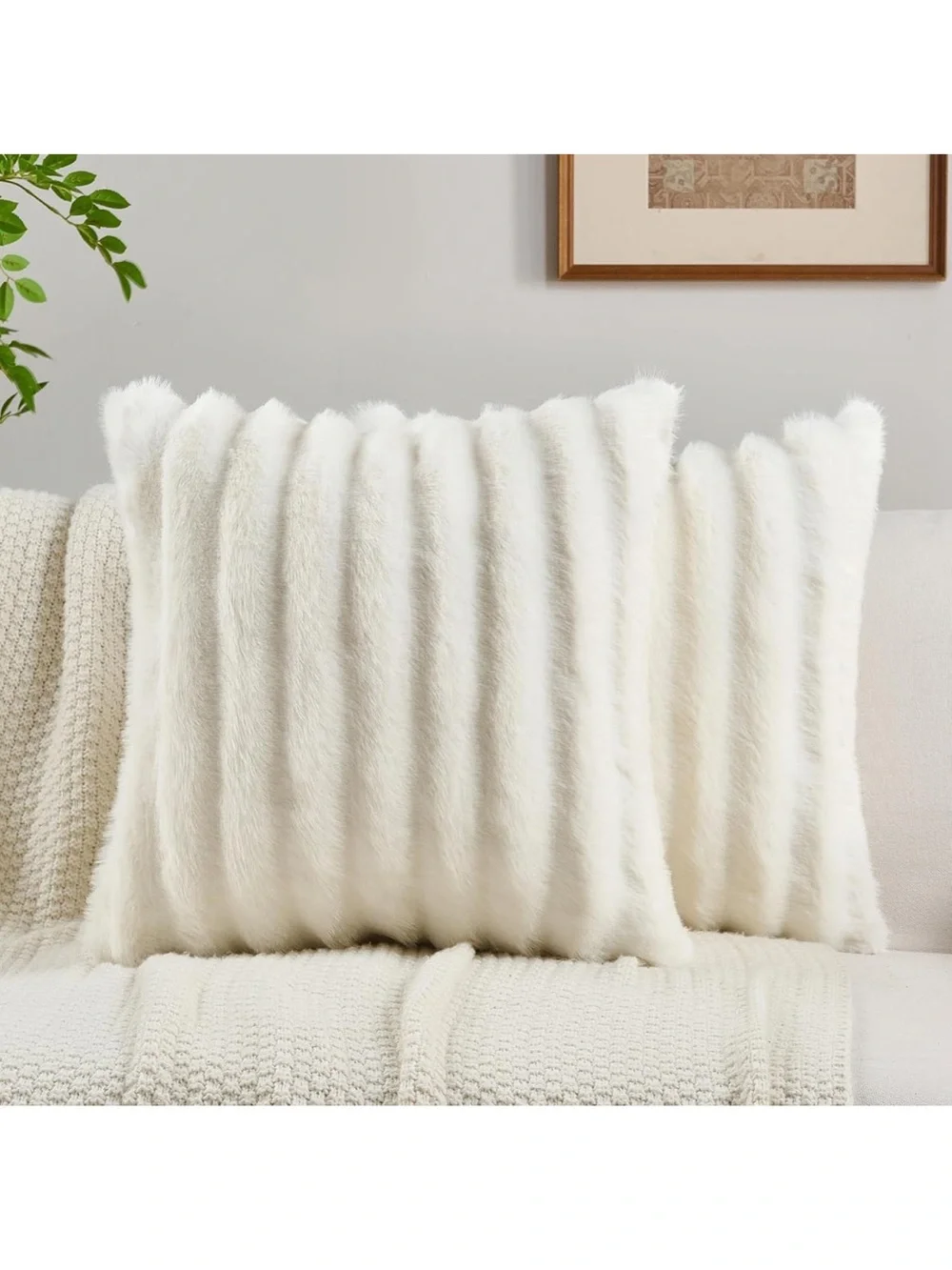 NWT Pack of 2 Faux Mink Fur Throw Pillow Covers 18x18 Inch, Cream White